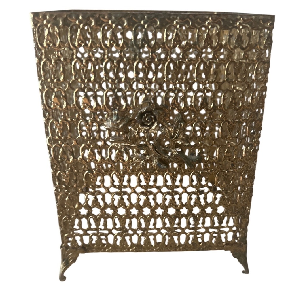 Vintage Gold Filigree Footed Tissue Box Cover Hollywood Regency Vanity Decor